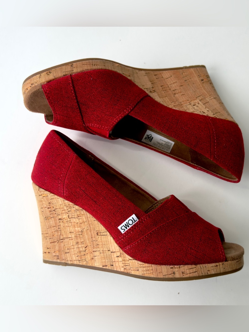 TOMS Red Cork Peep-Toe Wedge Sandals 6.5
